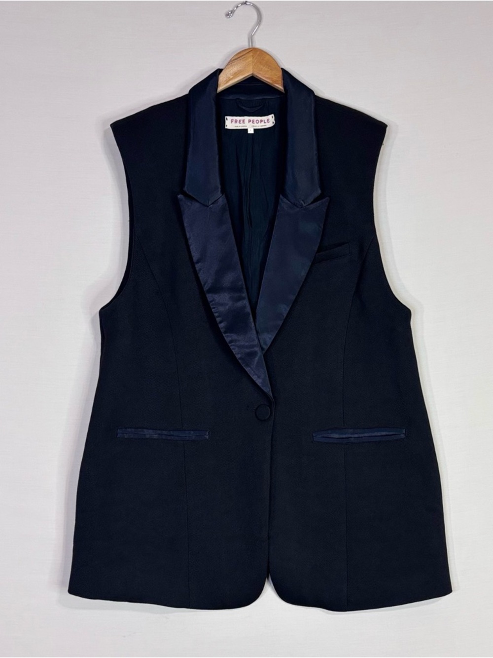 Free People Black Tailored Vest Satin Lapel Longline Blazer L